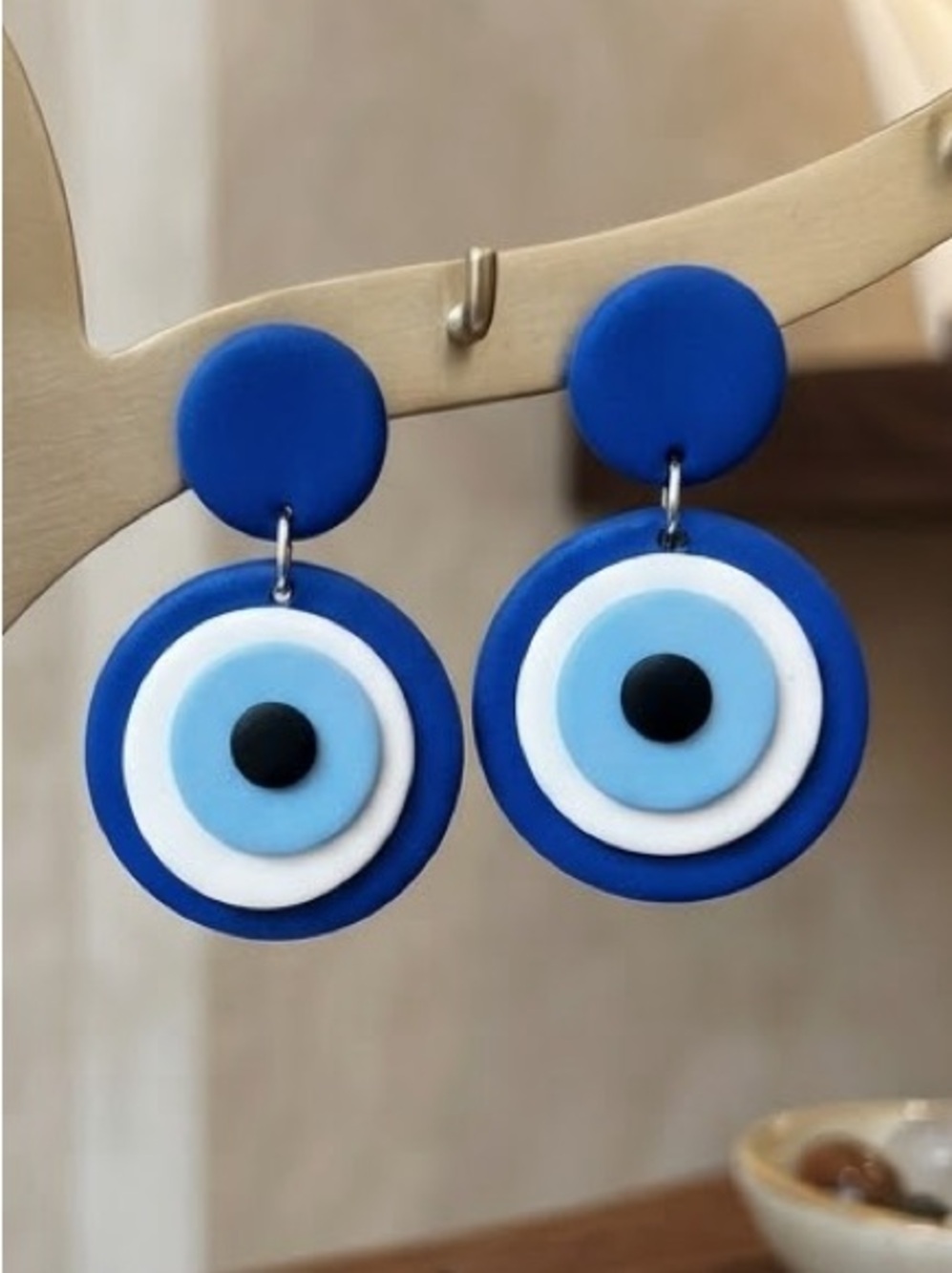 Evil Eye Dangle Studs — Handmade Earrings — Blue, White & Black